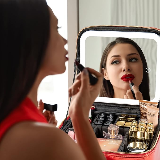 Extrei Gent Makeup Travel Train Case with Mirror LED Light 3 Adjustable Brightness Large Cosmetic Bag Portable Storage Adjustable Partition Waterproof Brushes Make up Jewelry Gift for Women