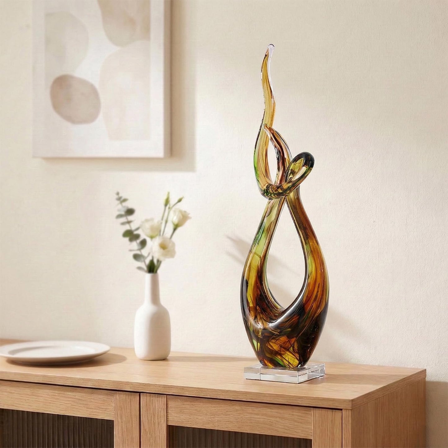 LCCCK 21.7in Tall Abstract Glass Sculpture Knot Spiral Statue, Amber Hand Blown Glass Art Decor for Home Living Room Bedroom Shelf Mantel Tabletop Display Decorative Figurine