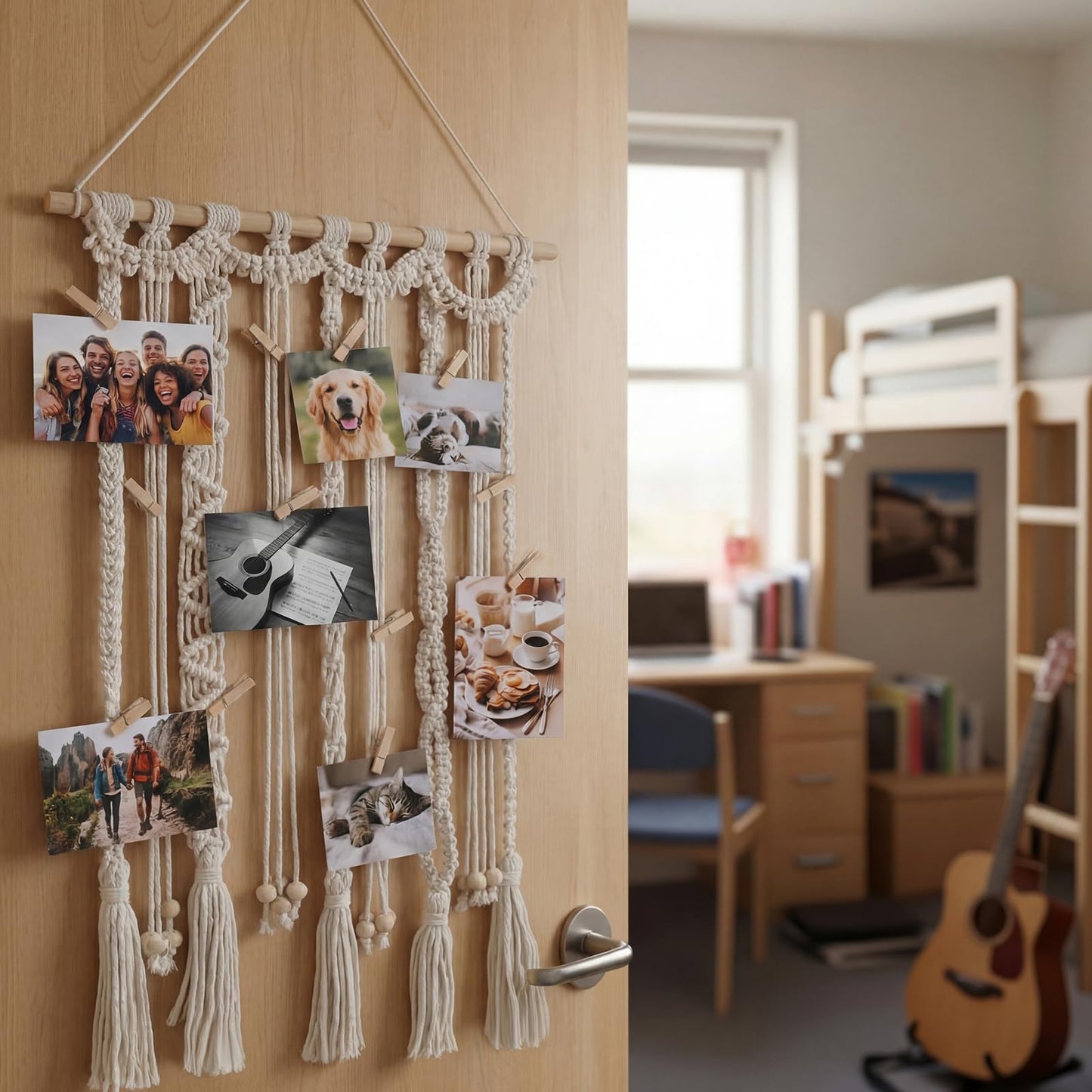 Lewtemi Macrame Hanging Photo Display Wall Decor with 30 Clips Boho Tassel Photo Wall Hanging Holder Art Decor for Frame Manager Picture Greeting Cards Collage Bedroom Home Dormitory Living Room