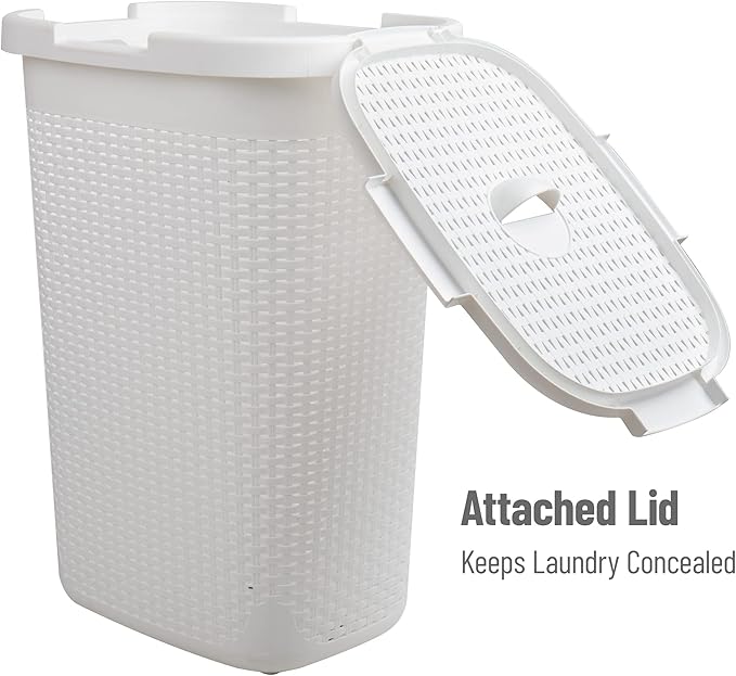 Mind Reader Slim Laundry Hamper with Lid, 60L Tall Clothes Basket, Narrow Tapered Design for Bathrooms, Closets and Laundry Rooms, Plastic, White