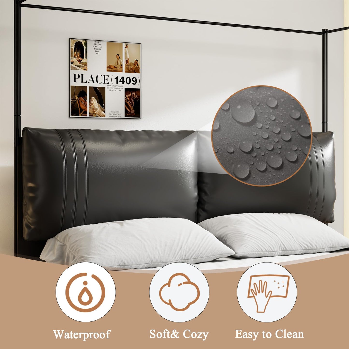 SAMTRA Modern Canopy Bed Frame with Upholstered Faux Leather Headboard – Tall Four Poster Metal Platform Bed, No Box Spring Needed, King Size, Black