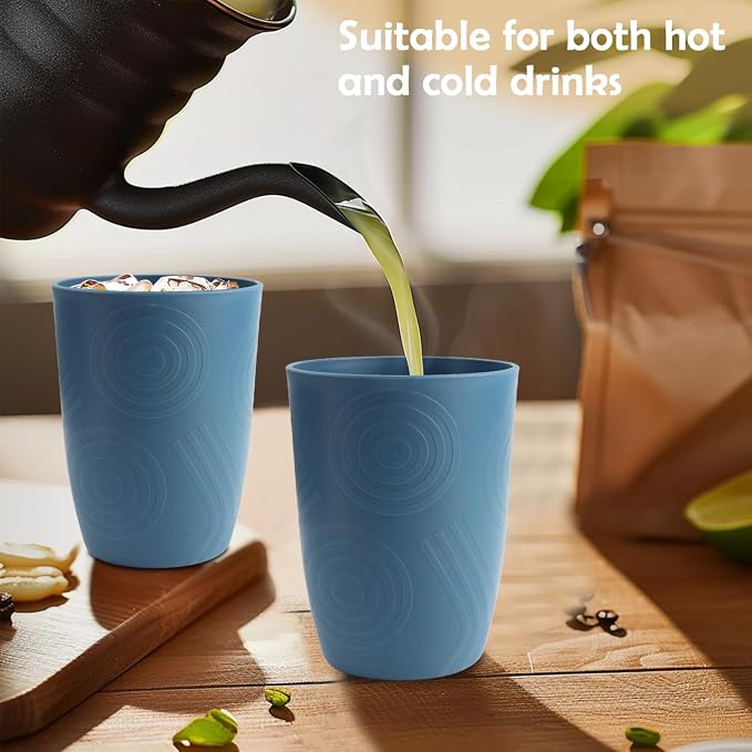Premium Wheat Straw Cups Set of 6, Drinking Glasses 12 OZ, Alternative to Plastic Cups Reusable, Unbreakable Water Cup, Microwave and Dishwasher Safe Drinking Cups for Kitchen - Blue