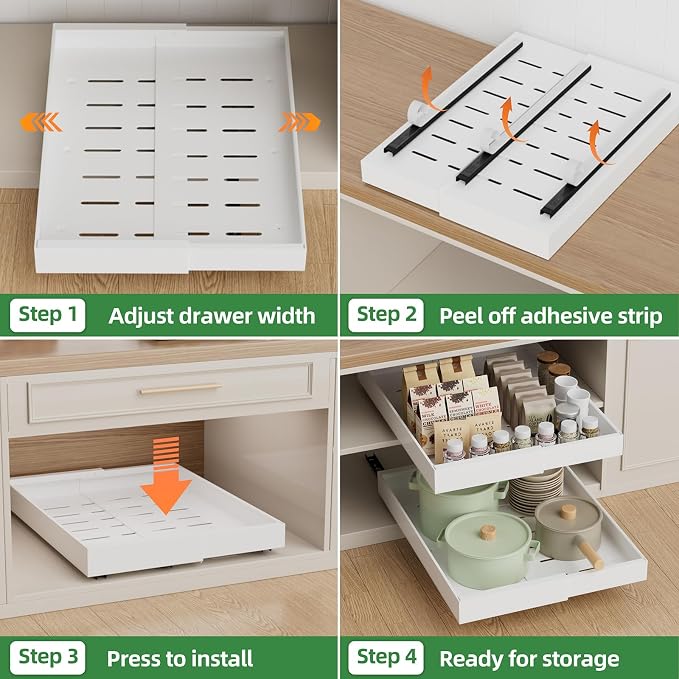 PAKETA 4 Pack Expandable Pull Out Cabinet Organizer, 21'' Deep Pull Out Drawers for Cabinet, Upgrade 3 Slide Rails Sliding Drawers for Cabinets with Adhesive Nano Film (White, 21"D X 9-14"W)