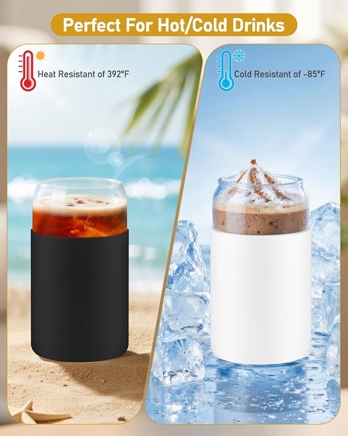 sungwoo Glass Cups with Lids and Straws, 4 Pack 16OZ Iced Coffee Cups with Silicone Sleeve, Glass Tumbler with Straw and Bamboo Lid, Home Essential Drinking Set for Juice, Cocktail and Tea Black&White