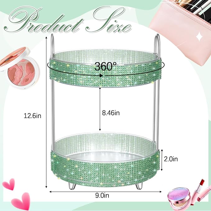 Honeydak 360 Rotating Perfume Organizer Gift for Women, Rhinestone Preppy Skincare Organizer Bathroom Counter Makeup Holder Skincare and Perfume Storage for Cosmetic(2 Tiers,Resin Diamond,Green)