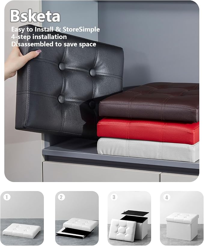 Bsketa Folding Storage Ottoman, Foot Stool with Thicker Foam Padded Seat Small Leather Storage Ottoman Bench Foot Rest for Living Room Foldable Coffee Table 17x13x13in,White