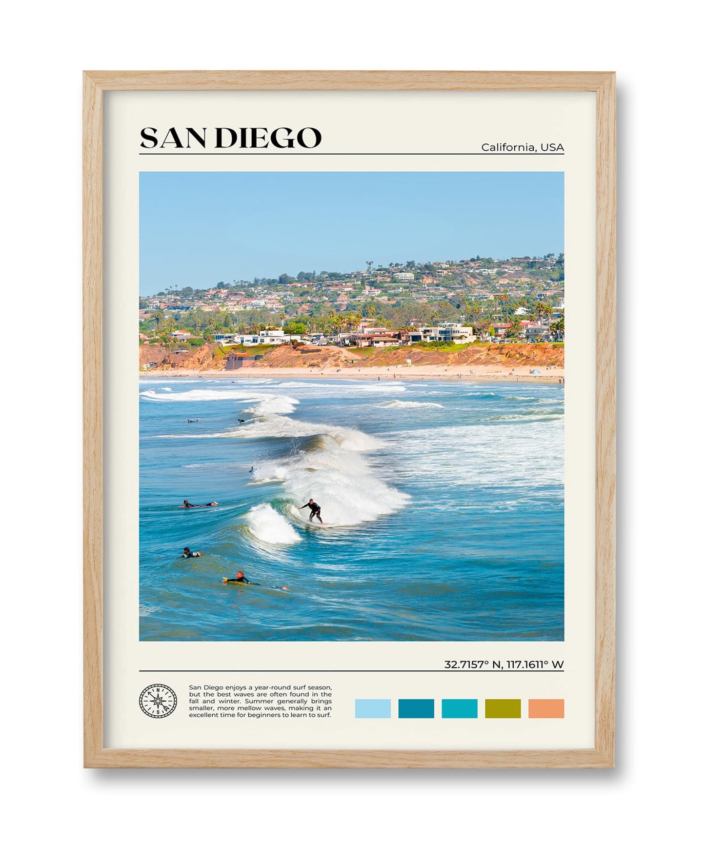 HesenDot Natural OAK Wood San Diego Surfing Framed Wall Art,12x16in Natural Seascape Canvas Wall Print,Classic Urban Landmark Wall Decor for Living Room,Bedroom,Office Gallery Gifts Set of 1