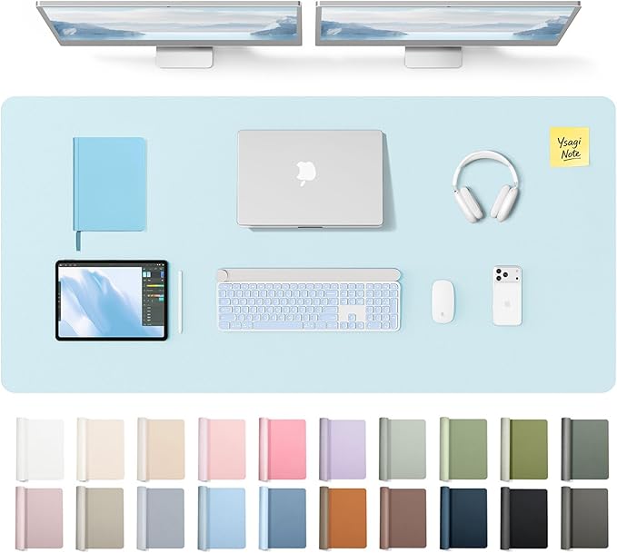 YSAGi Leather Desk Pad Protector, Office Desk Mat, Large Mouse Pad, Non-Slip PU Leather Desk Blotter, Laptop Desk Pad, Waterproof Desk Writing Pad for Office and Home (Baby Blue,55" x 24")