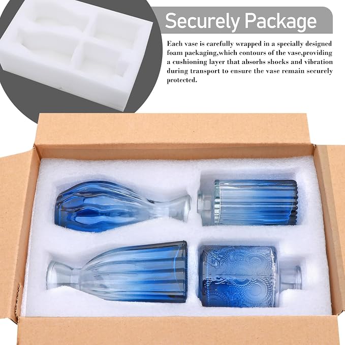 Mapoxy Glass Bud Vases Set of 4,Small Deep Blue Flower Vases for Wedding Centerpiece Table Decorations,Clear Vintage Embossed Mini Vases,Flower Arrangements in Vases for Party or Home Decor