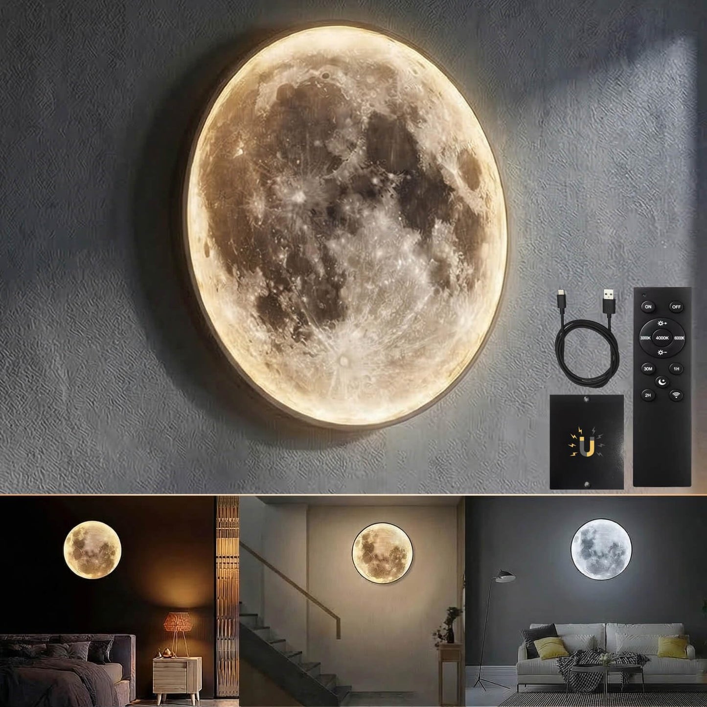 Dimmable Moon Wall Lamp, Rechargeable Battery Operated Wall Sconce Moon Lights with Remote, 3 Color Indoor Wall Mounted Lighting Ceiling Light for Living Bedroom Birthday Christmas Gift - 12 inch
