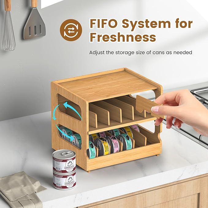 Teamkio Stackable Bamboo Cat Food Organizer, 2-Tier Adjustable FIFO Can Dispenser Space-Saving Storage, Holds Up to 36 Cans - Ideal for Pantry, Cabinet, Countertop
