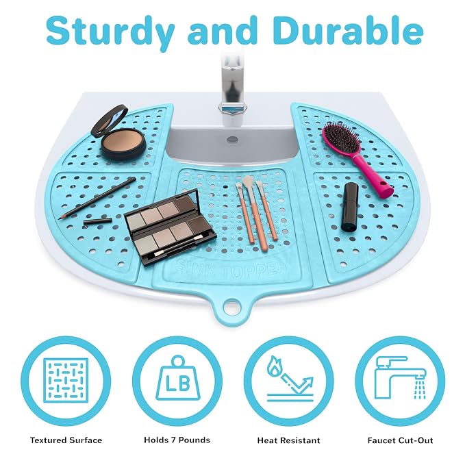 Sink Topper Bathroom Counter Cover & Storage Saver, Foldable Mat for Hot Tools, Hair Styling & Makeup, Beauty Brush Cleaning Mat, RV Camper Sink Cover & for Small Spaces (Standard Pacific Blue)