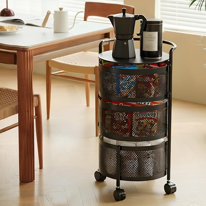 JAQ 3-Tier No Assembly Vegetable Storage Rack, Under Counter Rotating Fruit Basket with Wheels, Carbon Steel Kitchen Organizer for Potato Onion, Fruteros Para Cocina, Black