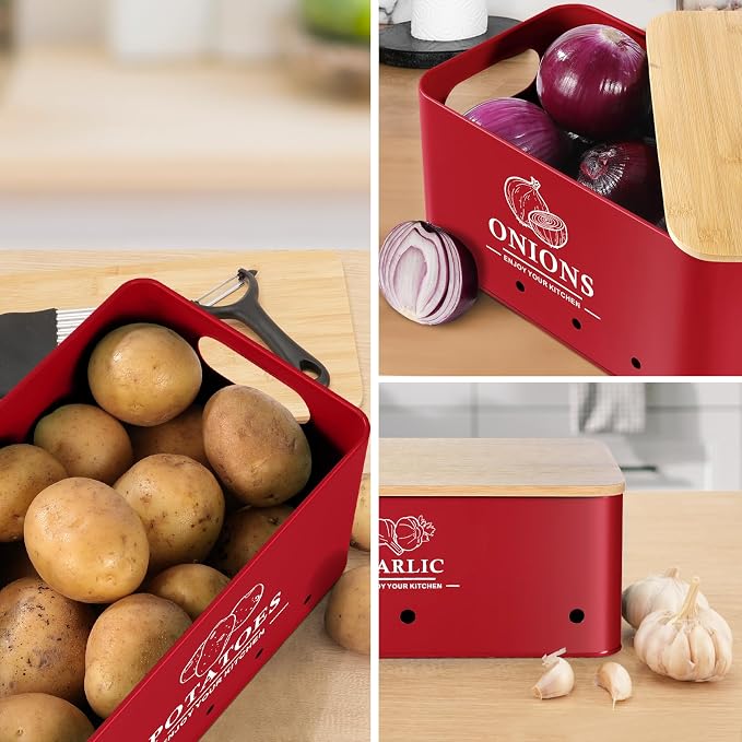 Kitchen Vegetable Storage Set of 3, Metal Onion Garlic Potato Storage Set, Kitchen Canisters Vegetable Keeper Containers with Aerating Holes and Bamboo Lid，Red