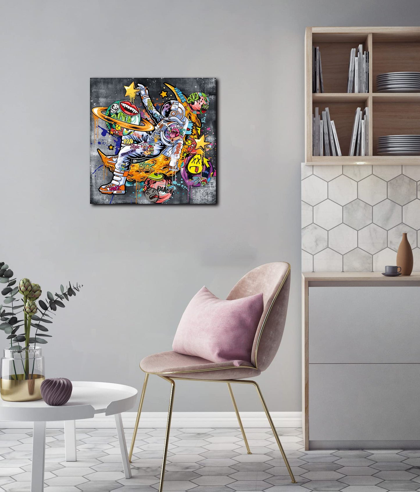 Kepgonegu Funny Wall Art Astronauts Graffiti Canvas Wall Art Outer Space Picture for Bedroom Bathroom Living Room Size 20" W x 20" H