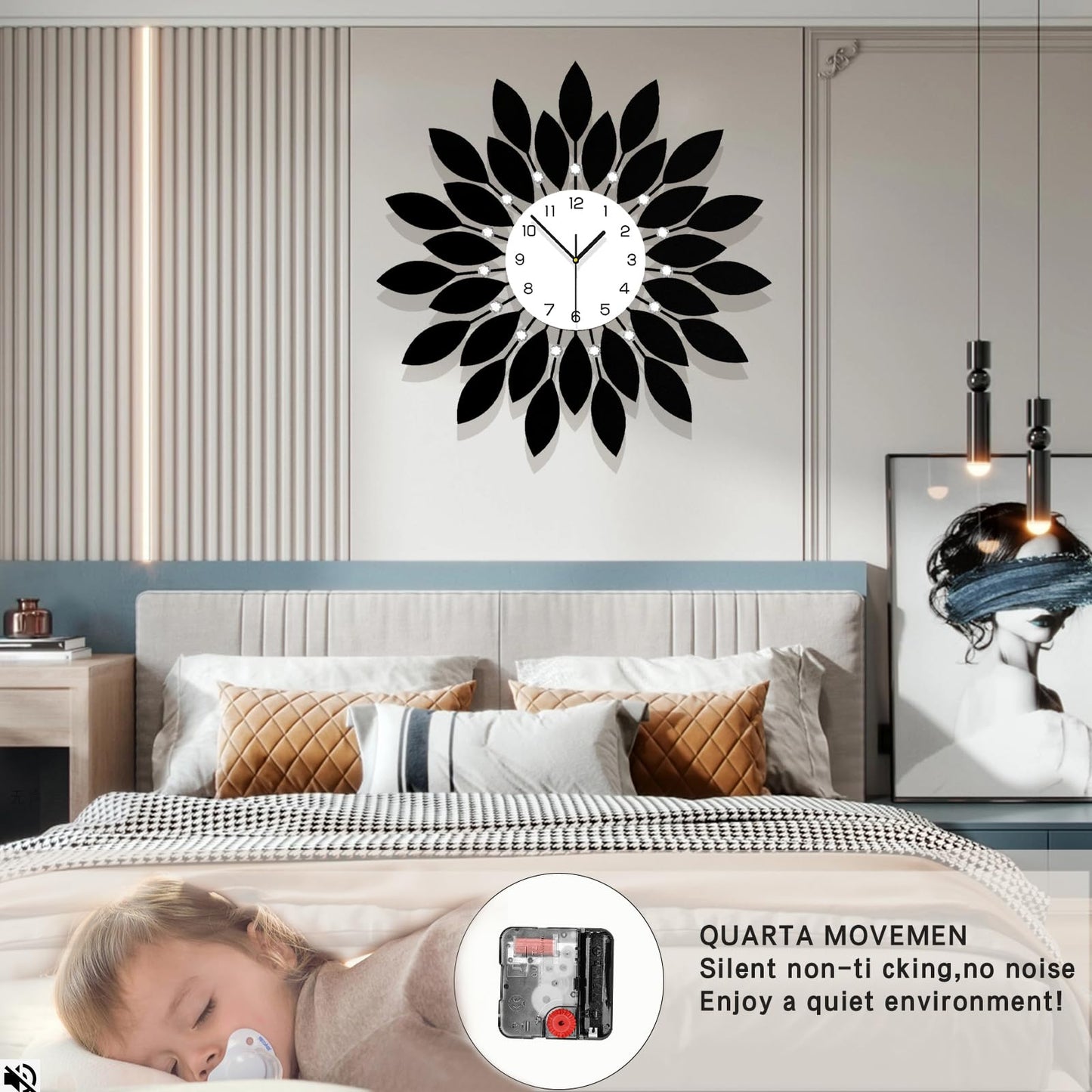 FLEBLE Large Wall Clocks for Living Room Decor Modern Wall Clock Decorative Silent Non-Ticking 24 Inch Round Black Metal Crystals Clock for Office, Home, Bathroom, Kitchen, Bedroom or Entryway