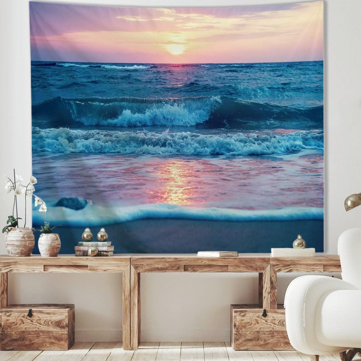 IcosaMro Ocean Tapestry Wall Hanging, Sea Beach Wave Sun Cloud Landscape Scenery Nature Wall Art [Double-Folded Hems] Bohemian Home Decor for Bedroom, Dorm, College, Living Room, 51x60, Blue