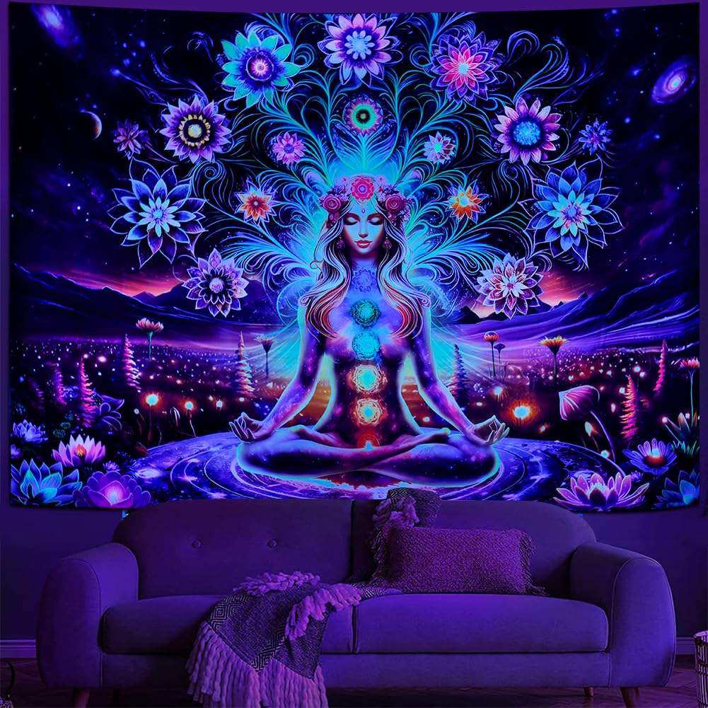 Dermijer Blacklight Seven Chakra Yoga Meditation Tapestry Flower Chakra Tapestries Galaxy Space Planet Tapestry UV Reactive Lotus Spiritual Tapestries Wall Hanging for Home Decor 59.1L x 51.2W
