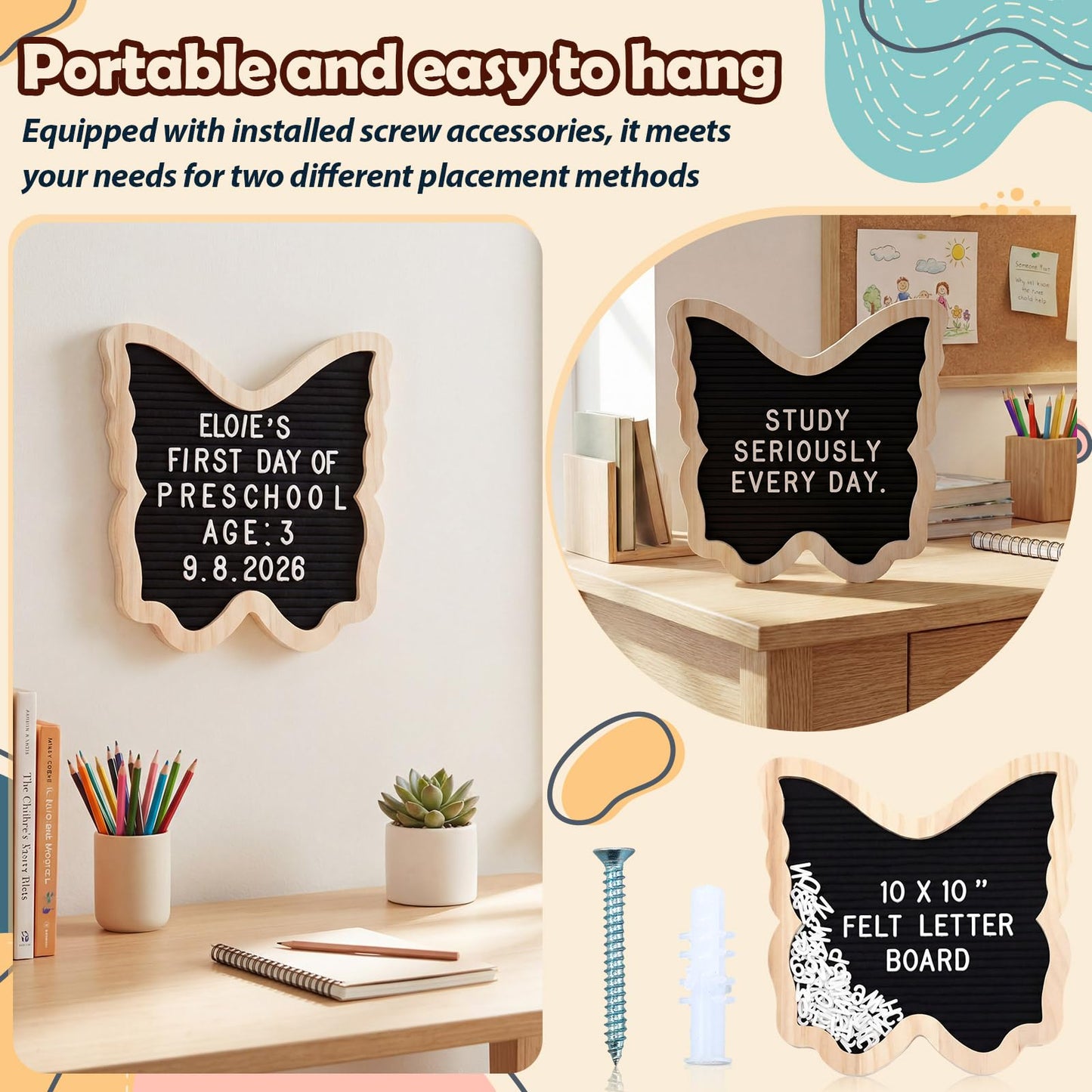 Geyoga Felt Letter Board with 294 Letters Numbers Symbols, 10 x 10 Inch Changeable Message Board with Wooden Frame, Butterfly Shaped Pregnancy Announcement Black Wood Sign, Wall Mount or Stand