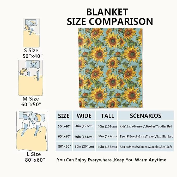 Sunflower Blanket,Vintage Yellow Floral Aesthetic Throw Blankets,Gifts for Women & Flower Lovers,Lightweight Soft Fleece,for Picnic Sofa Couch Bed Room Travel,Birthday Decor,60x80in