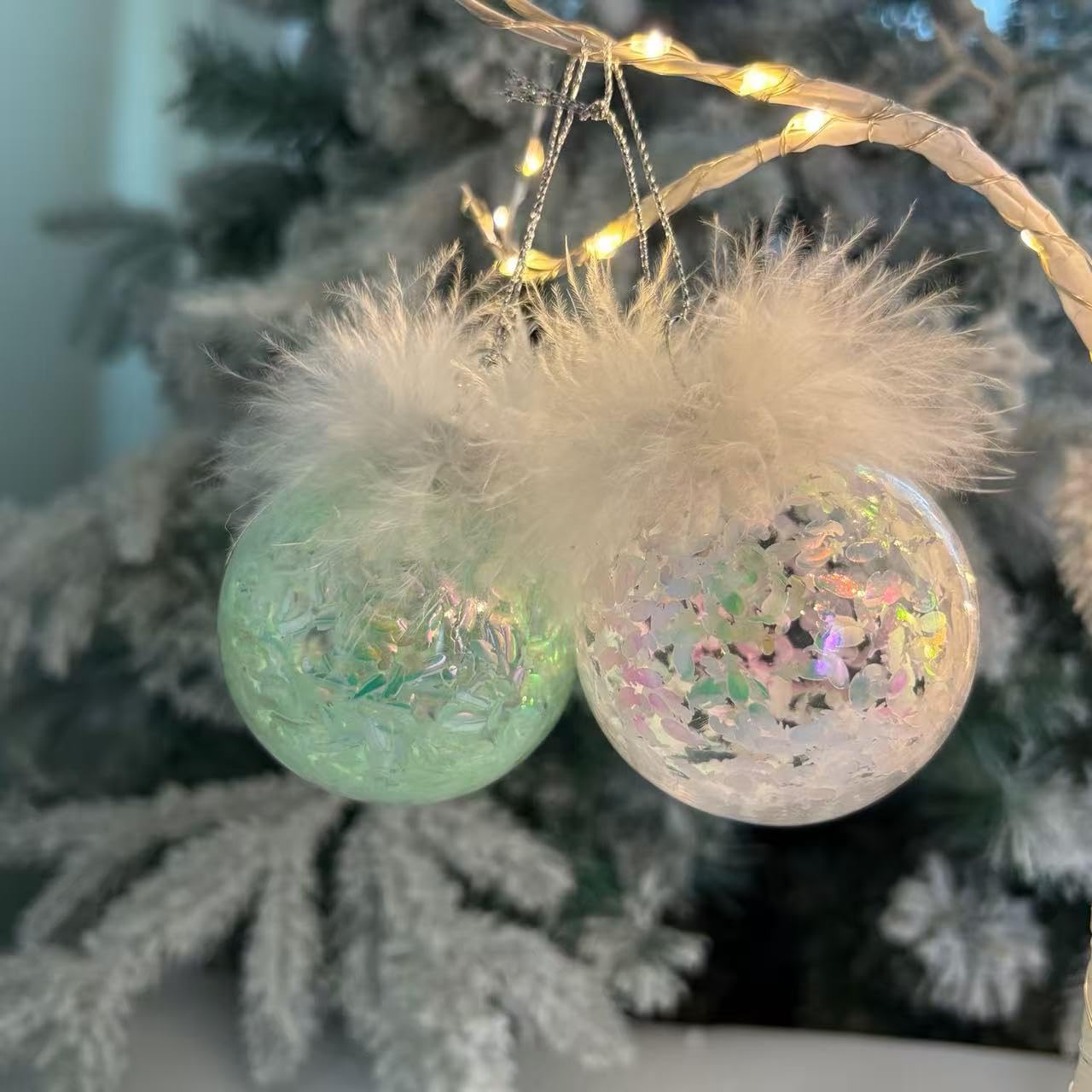 Feather Christmas Ornaments Ball for Home Décor – Clear & Soft Green Glitter Hanging Baubles, Shatterproof Modern Tree Decorations for Living Room, Fireplace, Table Styling, 6 Pack 2.36inch