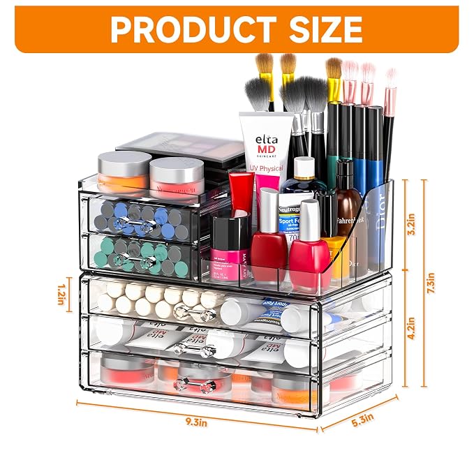 Acrylic Clear Make up Organizers And Storage for Vanity,Bathroom Skincare Organizer With 5 Drawer for Dresser,Plastic Desk Accessories Organization,Cosmetic Organizer Countertop for Beauty,Skin Care