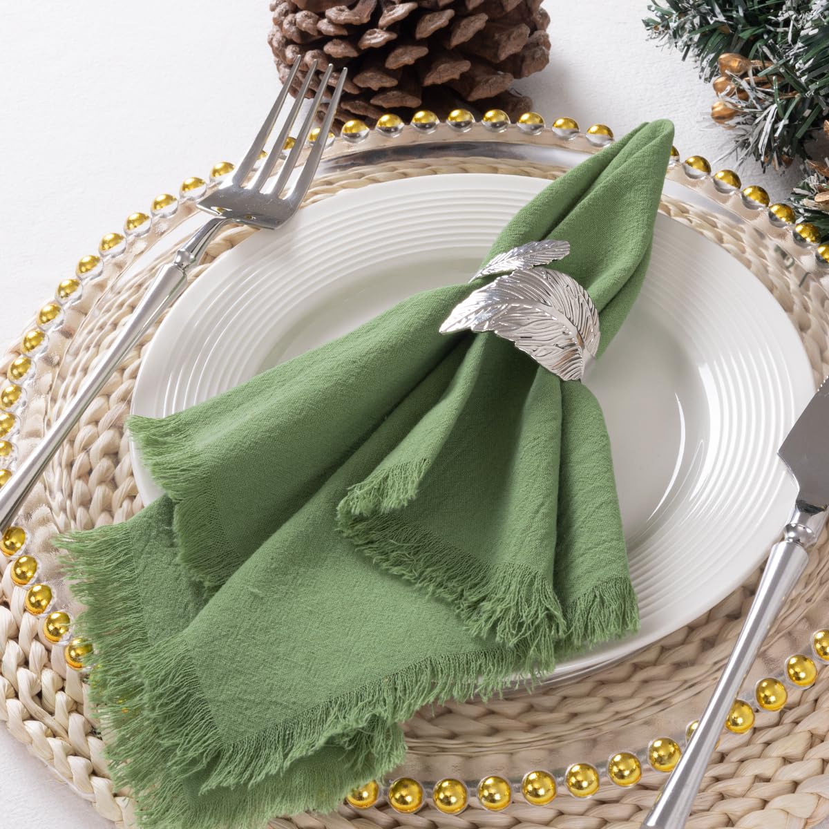 DeZerlor 6 Pack Sage Green Cotton Linen Napkins with Fringe Spring Cloth Napkins Set of 6 Boho Handmade Dinner Napkins Bulk for Wedding Bridal Baby Shower Parties, 17 x 17 Inches