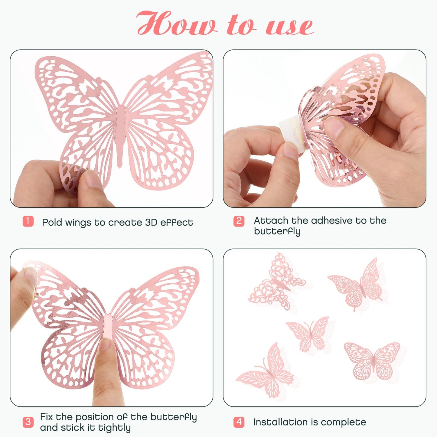 3D Pink Butterfly Wall Decor 3 Sizes 4 Styles Butterfly Party Decorations Cake Decorations Removable Stickers Wall Decor Room Mural Metallic Kids (Pink, 48Pcs)
