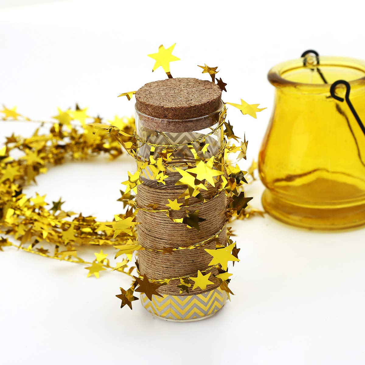 75 Feet Star Tinsel Garlands with Wire, Christmas Star Wire Garland Decorations for Xmas Tree Home Wedding Birtahday Party Festive Ornament, Golden, 3 Pack