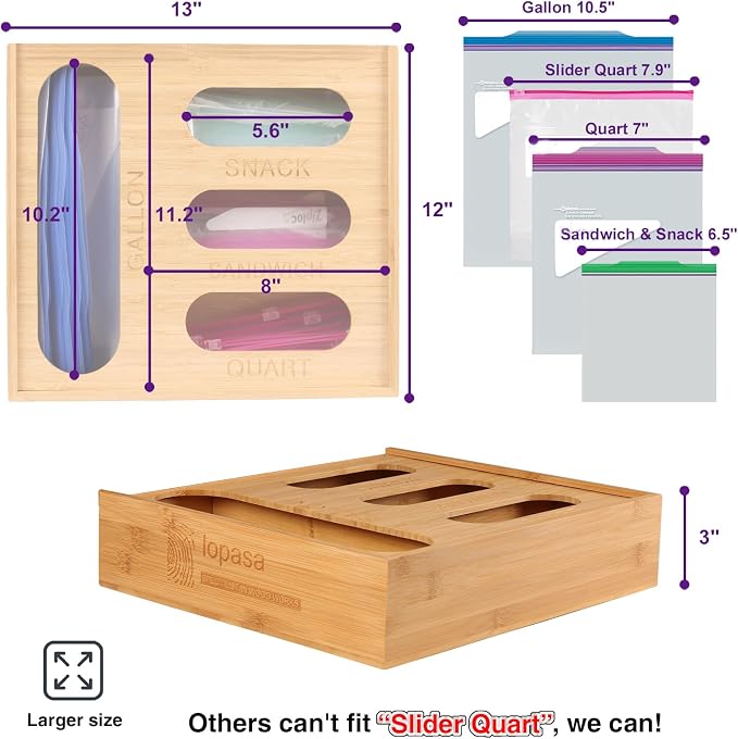 LOPASA Baggie Organizer for Drawer Compatible with Ziplock Food Storage Bag, Sandwich Bag Organization for Kitchen Drawer, Plastic Baggie Storage Box for Pantry(Bamboo)