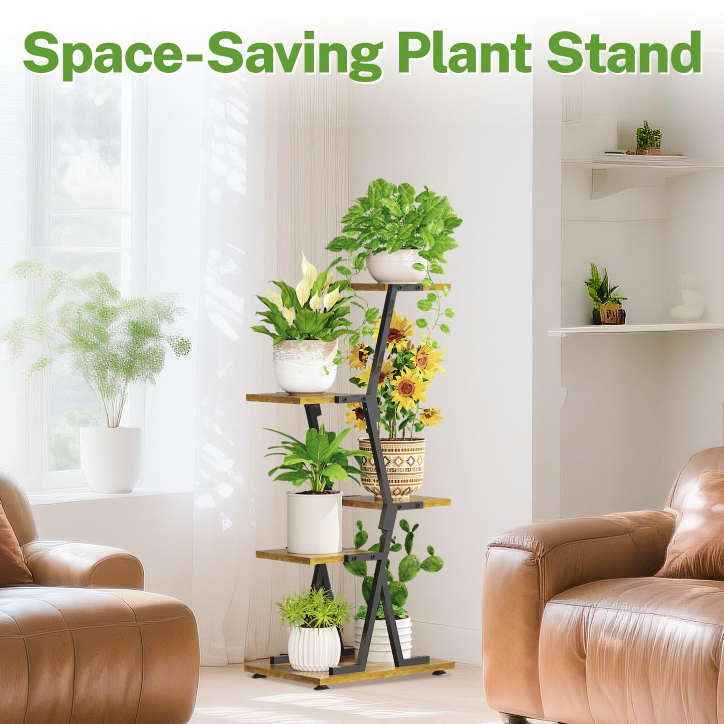 iDavosic.ly 4 Tier Indoor Plant Stand, Corner Tall Metal & Wood Flower Shelf, Orchid Display Rack for Living Room Balcony Patio Porch, Space Saving & Multifunctional Display, Black & Brown