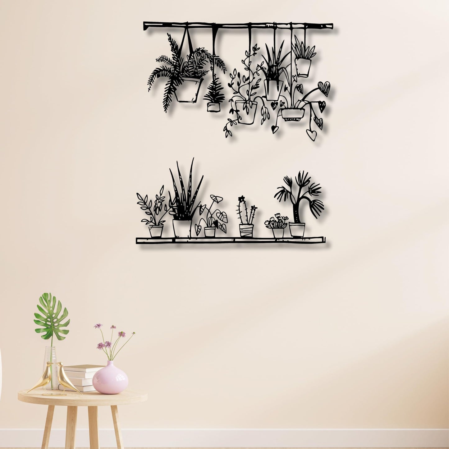 Flower Pots Metal Wall Decor | 23'' x 24'' x 0,05'' Dimensions 2-Pcs Flower Pots Themed Home Wall Decor | Living Room Bedroom Office Metal Wrought Iron Wall Art (23''W x 24''H, Black)