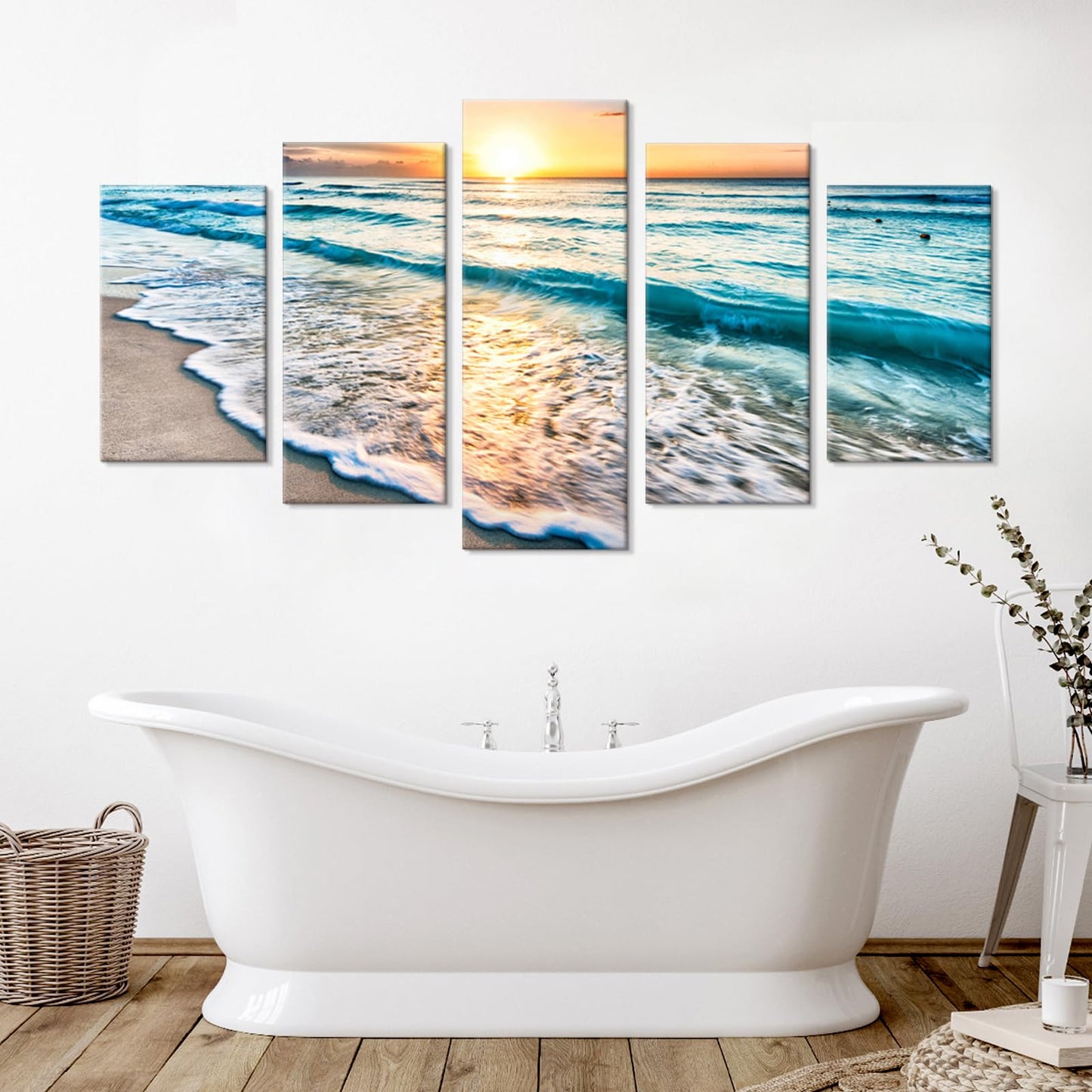 Goldfoilart 5 Pieces Beach Coastal Wall Art Sea Sunset Seascape Pictures Ocean Photography Canvas Large Horizontal Landscape Multi Framed Artwork for Bedroom Living Room Bathroom Wall Decor