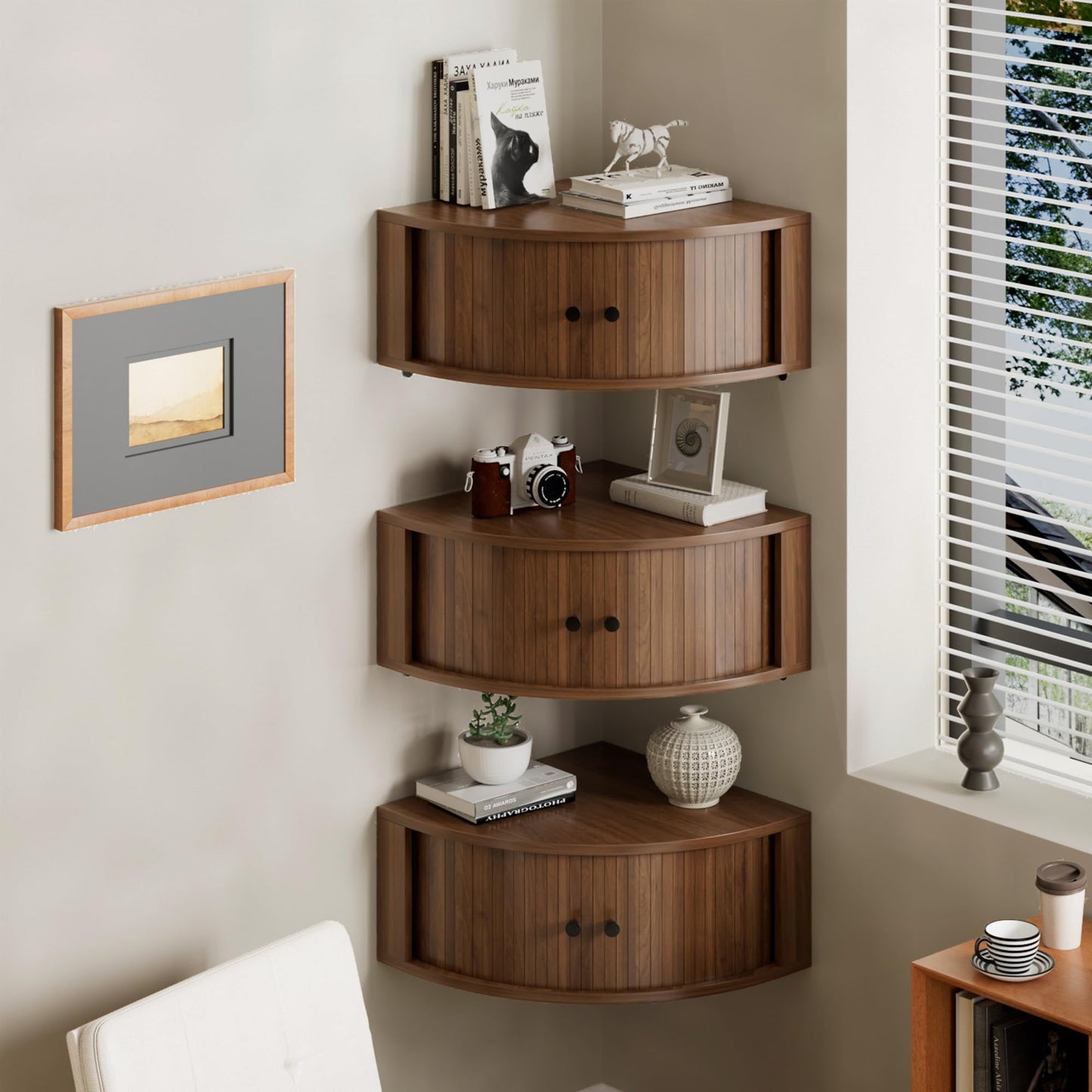 tauxkoi Corner Shelves Wall Cabinet Set of 3, Floating Corner Shelf Organizer with Sliding Doors, Fluted Wall Cabinet for Living Room, Bedroom, Office, Small Space, Walnut (Curved, 15.74“)