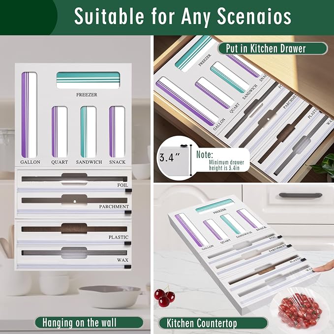 9 In 1 Storage Bag Organizer And Plastic Wrap Dispenser With Cutter, Bamboo Foil and Plastic Wrap Organizer