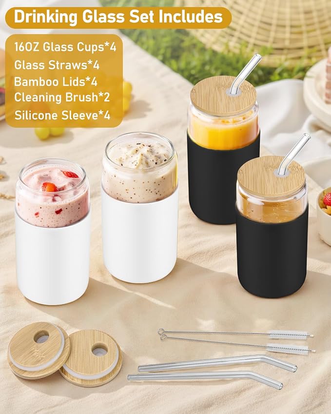 sungwoo Glass Cups with Lids and Straws, 4 Pack 16OZ Iced Coffee Cups with Silicone Sleeve, Glass Tumbler with Straw and Bamboo Lid, Home Essential Drinking Set for Juice, Cocktail and Tea Black&White