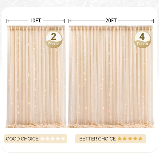 10x10ft Champagne Tulle Backdrop Curtain with Lights String for Parites, Sheer Photo Backdrop Curtains for Wedding Ceremony Bridal Shower Baby Shower Birthday Party Photo Shoot Background Decorations