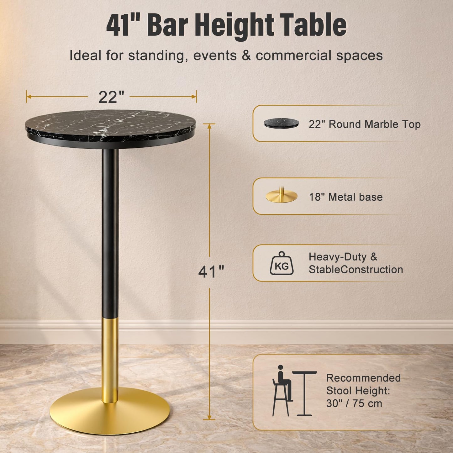 Modern Round Marble Bar Table, 22" Black Marble Top Pub Table with Gold Metal Base, Tall Bistro Table for Home Bar, Kitchen, Dining, Small Spaces, 41'' Bar Height