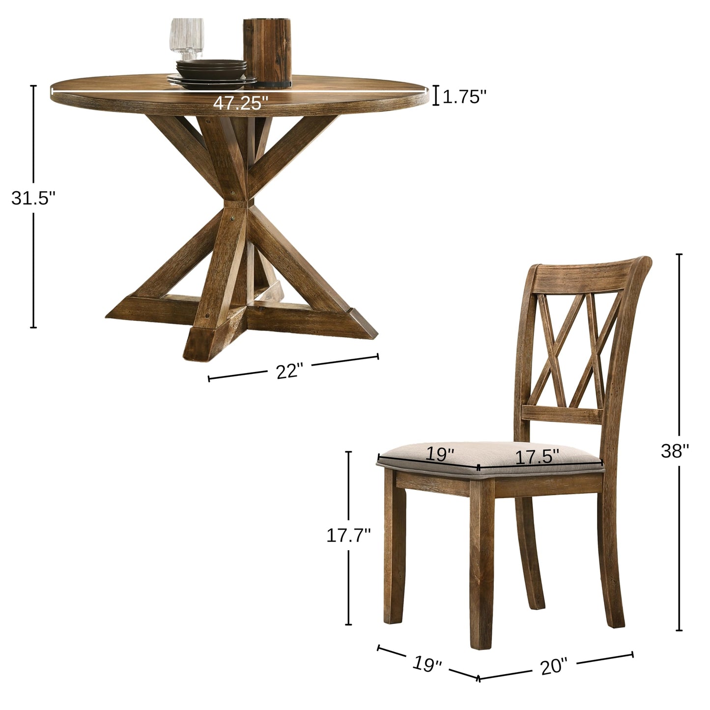 Roundhill Furniture Windvale Cross-Buck Wood 5-Piece Dining Set, Brown