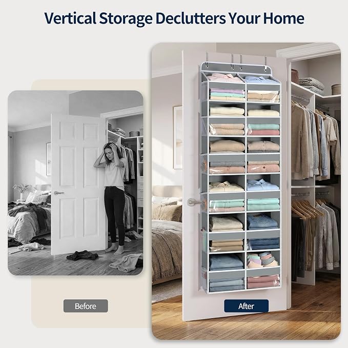 Yecaye Over The Door Organizer, 6 Tier Extra Large Behind Door Storage of 12 Compartments, 80lbs Heavy Duty Door Organizer Hanging with Clear Window for Closet Bedroom Pantry Bathroom, Grey