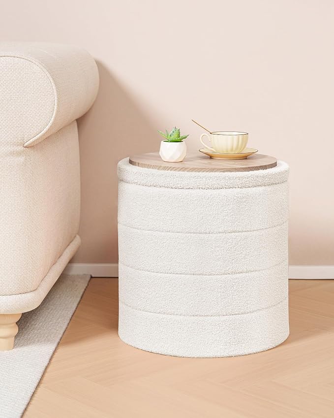 B FSOBEIIALEO Ottoman with Stroage, Round Sherpa Storage Ottoman Stool, Boucle Foot Rest 14.6"x14.6"x17.7"（White