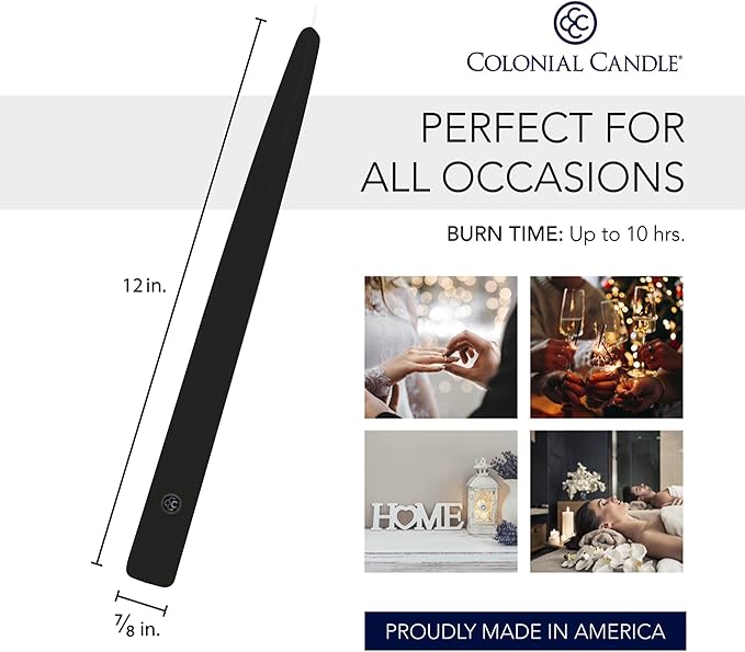 Colonial Candle Unscented Taper Candle, Handipt Collection, Black, 12 in, Pack of 12 - Up to 10 Hours Burn