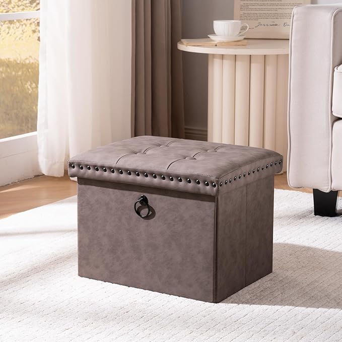 oakvivo 16x12x12 Inches Folding Cube Storage Ottoman, Small Leather Foot Rest Stool with Button Tufted Rivet Design, Footstool Bench, Ottoman with Storage for Living Room, Coffee Table, Oak Brown