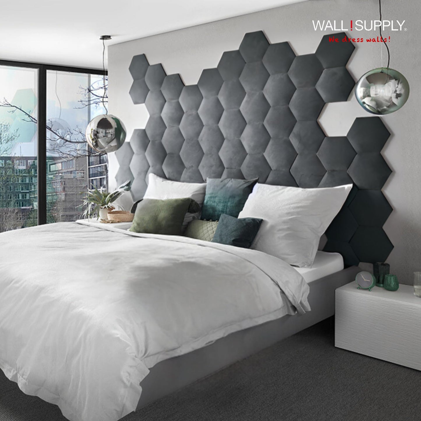 Wall!Supply - Gray Hexagon Velvet Wall Panels - Plush Textile Wall Covering for Feature Walls - Textured Peel-and-Stick Wallpaper Alternative - Sound Dampening - Easy DIY Installation (2-Pack)