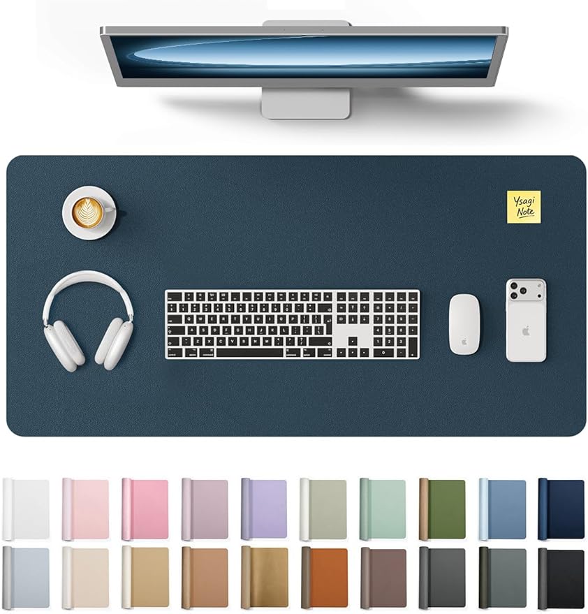 YSAGi Leather Desk Protector, Office Mat, Large Mouse Mat, Non-Slip PU Leather Blotter, Laptop Pad, Waterproof Writing Pad for Office and Home (Dark Blue, 31.5" x 15.8")