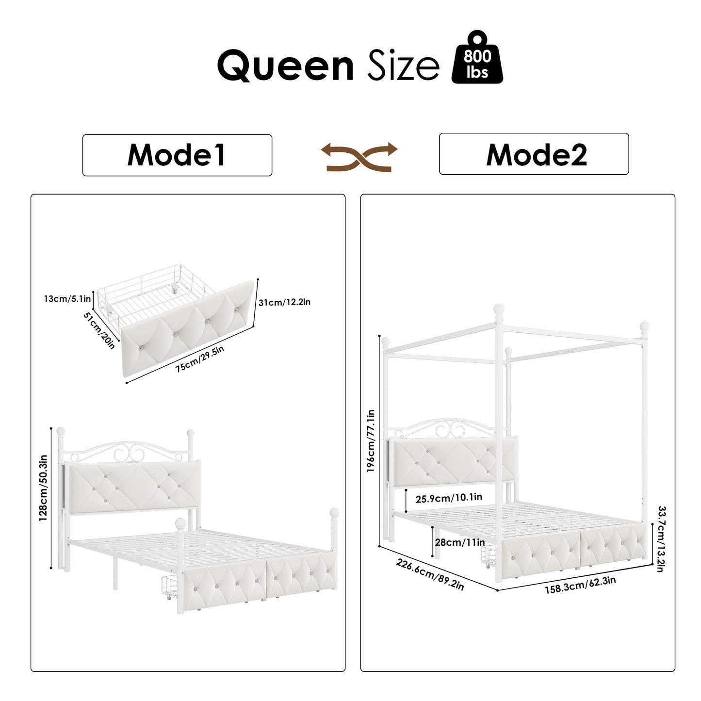 Queen Upholstered Canopy Bed Frame with 2 Drawers & Crystal Tufted Storage Headboard Metal Platform Bed with Charging Station & 4 Removable Posts No Box Spring Needed Curtain Not Included, Beige