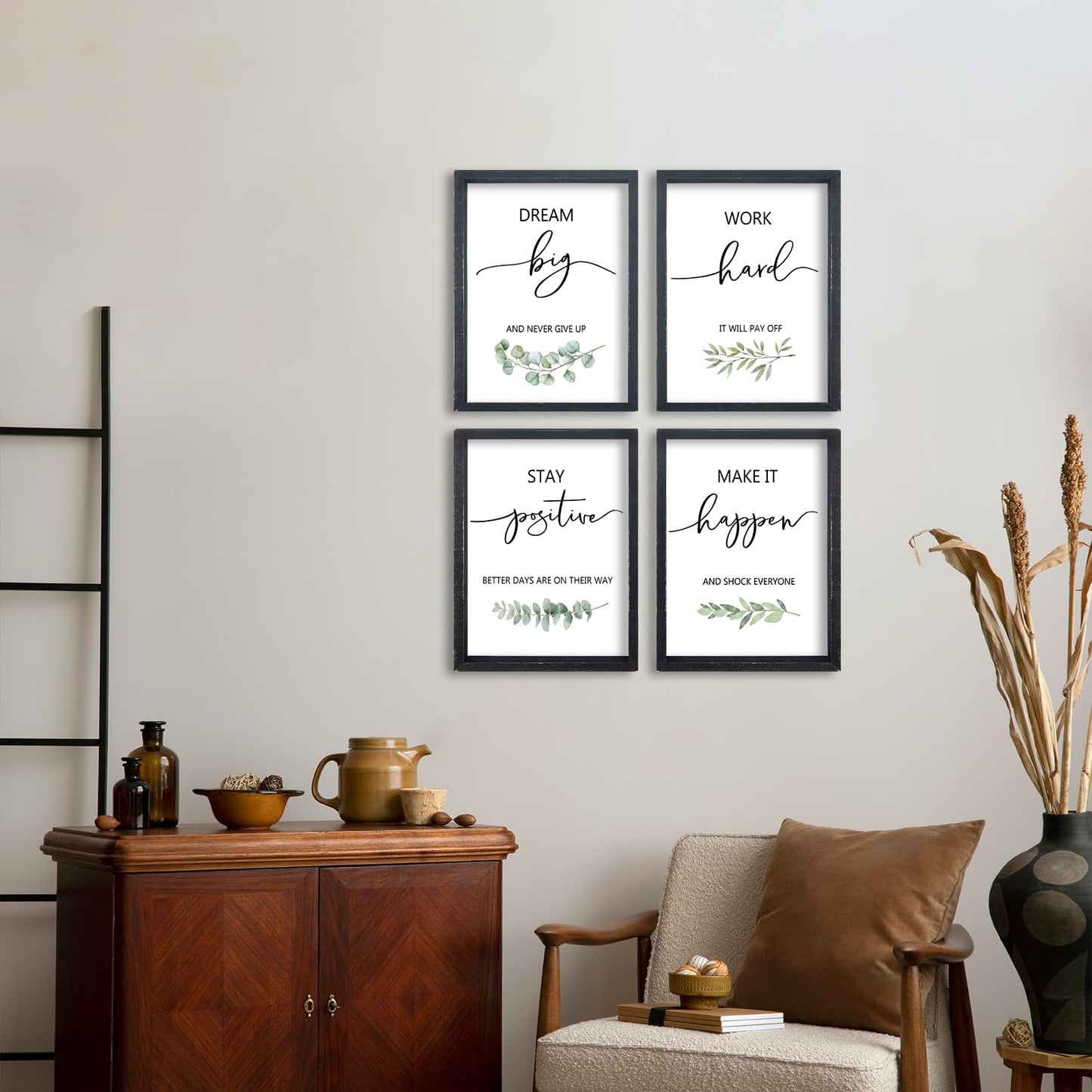 Set of 4 Inspirational Quotes Wall Art 16x11 Inch Encouraging Office Wooden Framed Positive Affirmations Home Family Decor Sign Motivational Plaque Wall Hanging Decoration (Black)
