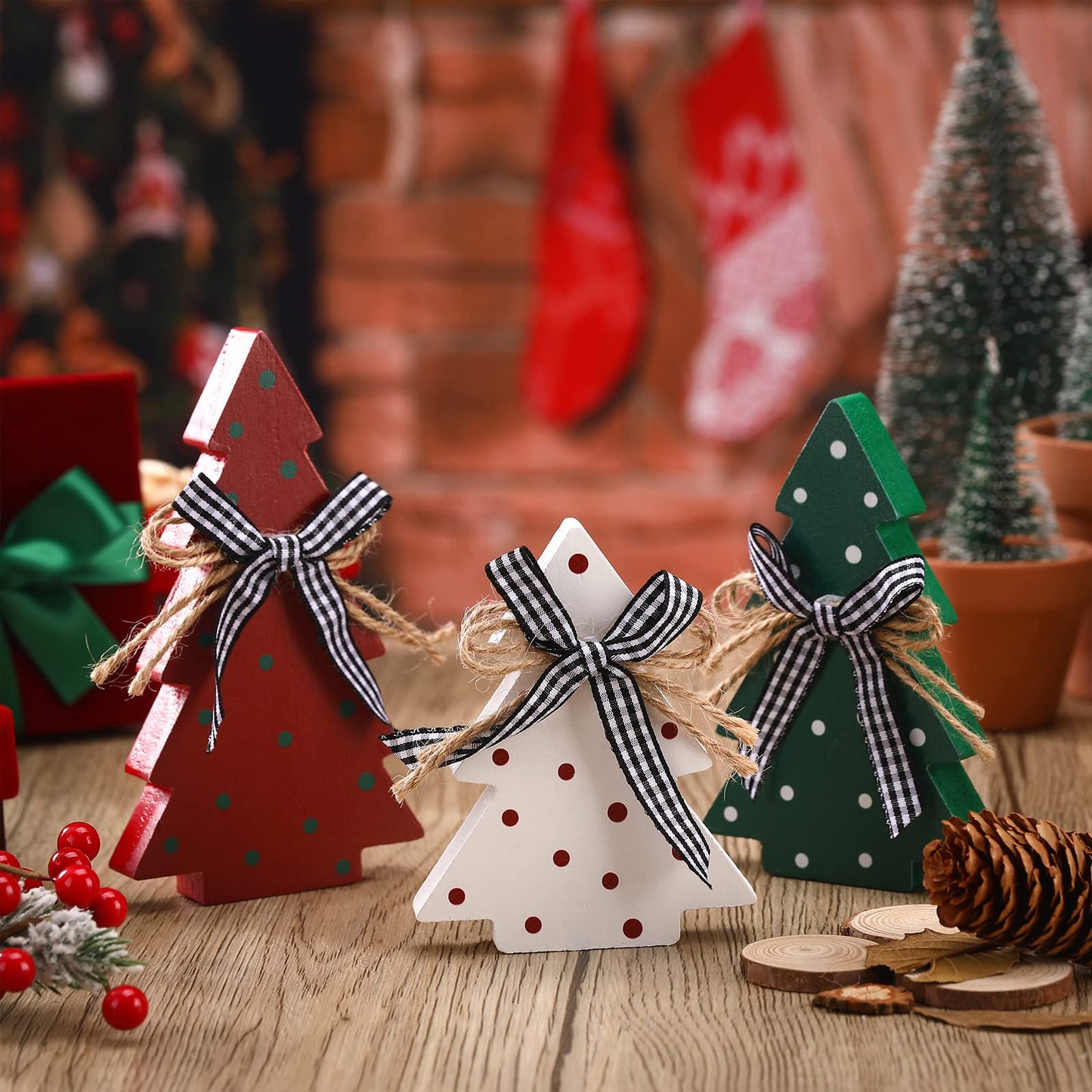 Yookeer Christmas Decor 3 Pieces Wood Table Rustic Christmas Tree Farmhouse Wooden Xmas Centerpiece for Small Table Xmas Trees Red Green Tiered Tray Party Decoration(Polka Dot Style)