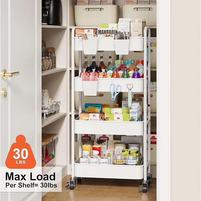 Heavy Duty 4 Tier Rolling Storage Cart Metal with Wheels, White Four Tiered Utility Roller Carts Organizer on Wheels for Art, Craft, Baby Diaper Caddy, Snack, Book, Large-Capacity Shelving Units, 37in
