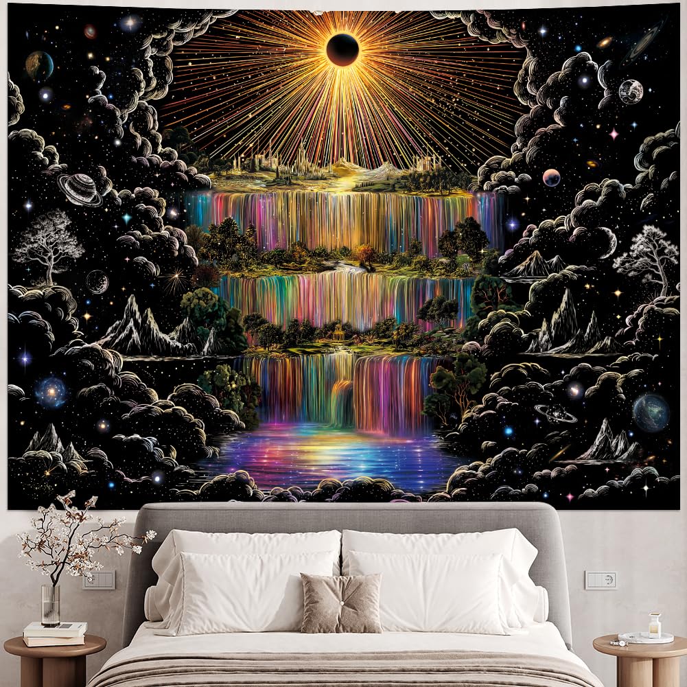 Lahasbja Galaxy Waterfall Tapestry Trippy Sun Wall Hanging Aesthetic Cosmic Space Tapestries Black and White Mountain Forest Trees Wall Decor Hippie Sketched Nature Landscape Backdrop for Bedroom